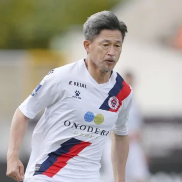 Kazuyoshi Miura on his debut for Oliveirense. Photograph: Kyodo News/Getty Images