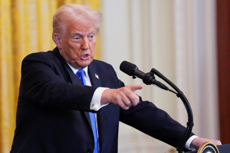 U.S. President Donald Trump holds a joint press conference with Japanese Prime Minister Shigeru Ishiba in the East Room at the White House in Washington, U.S., February 7, 2025. REUTERS/Kent Nishimura