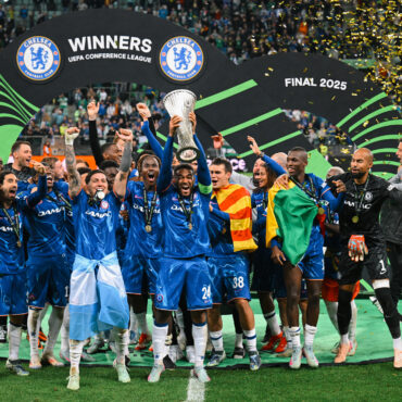 WROCLAW, POLAND - MAY 28: Reece James of Chelsea lifts the UEFA Conference League trophy after his team's victory in the UEFA Conference League Final 2025 between Real Betis Balompie and Chelsea FC at Stadion Wroclaw on May 28, 2025 in Wroclaw, Poland. (Photo by Stuart Franklin/Getty Images)