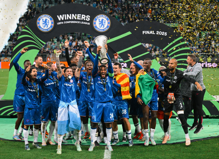 WROCLAW, POLAND - MAY 28: Reece James of Chelsea lifts the UEFA Conference League trophy after his team's victory in the UEFA Conference League Final 2025 between Real Betis Balompie and Chelsea FC at Stadion Wroclaw on May 28, 2025 in Wroclaw, Poland. (Photo by Stuart Franklin/Getty Images)